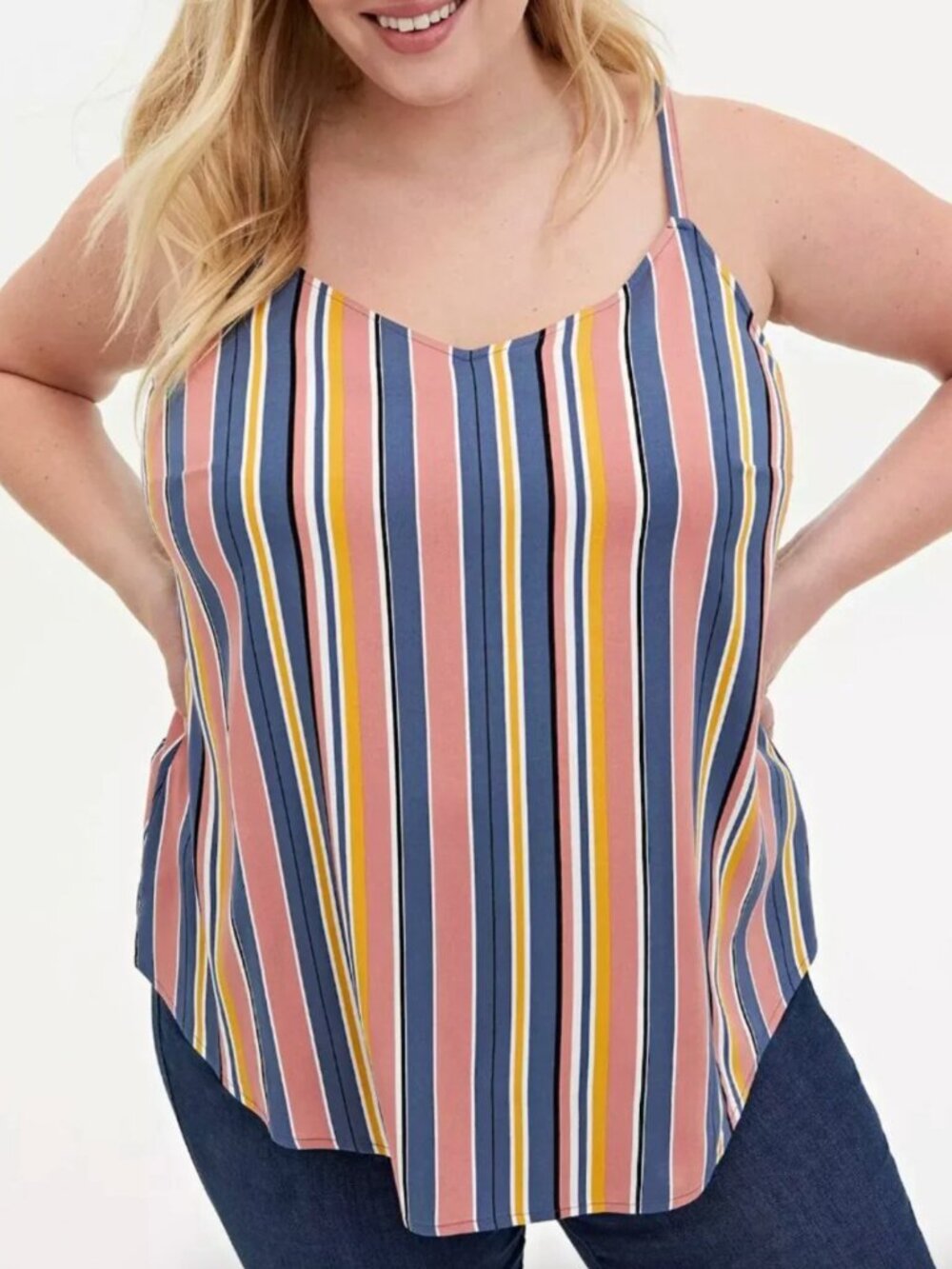 TORRID 00 Plus Size Ava Stretch Challis Cami Pink Blue Yellow Stripe Summer Tank